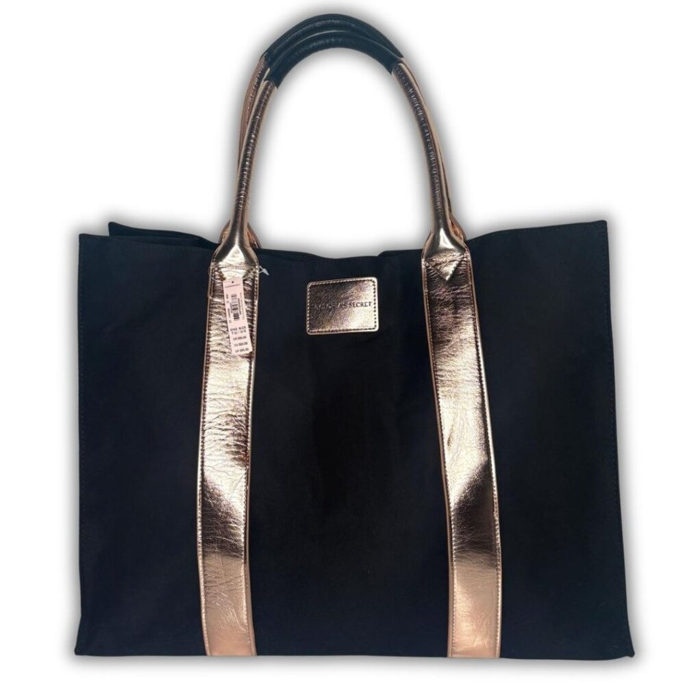 Victoria’s Secret Black Canvas Rose Gold Trim Large Weekender Tote Bag NWT $85